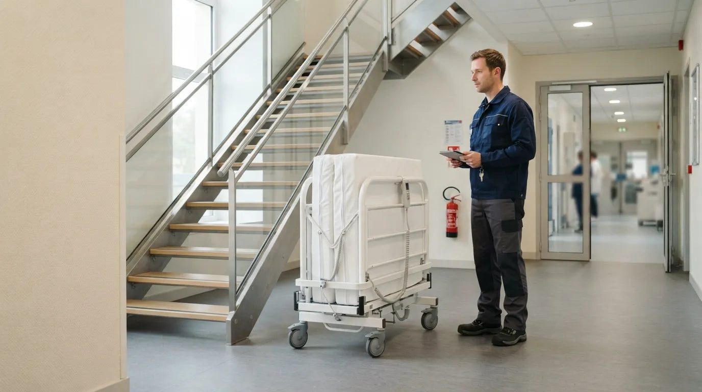 Agent technique avec un lit médicalisé replié au bas d'un escalier d'établissement de santé