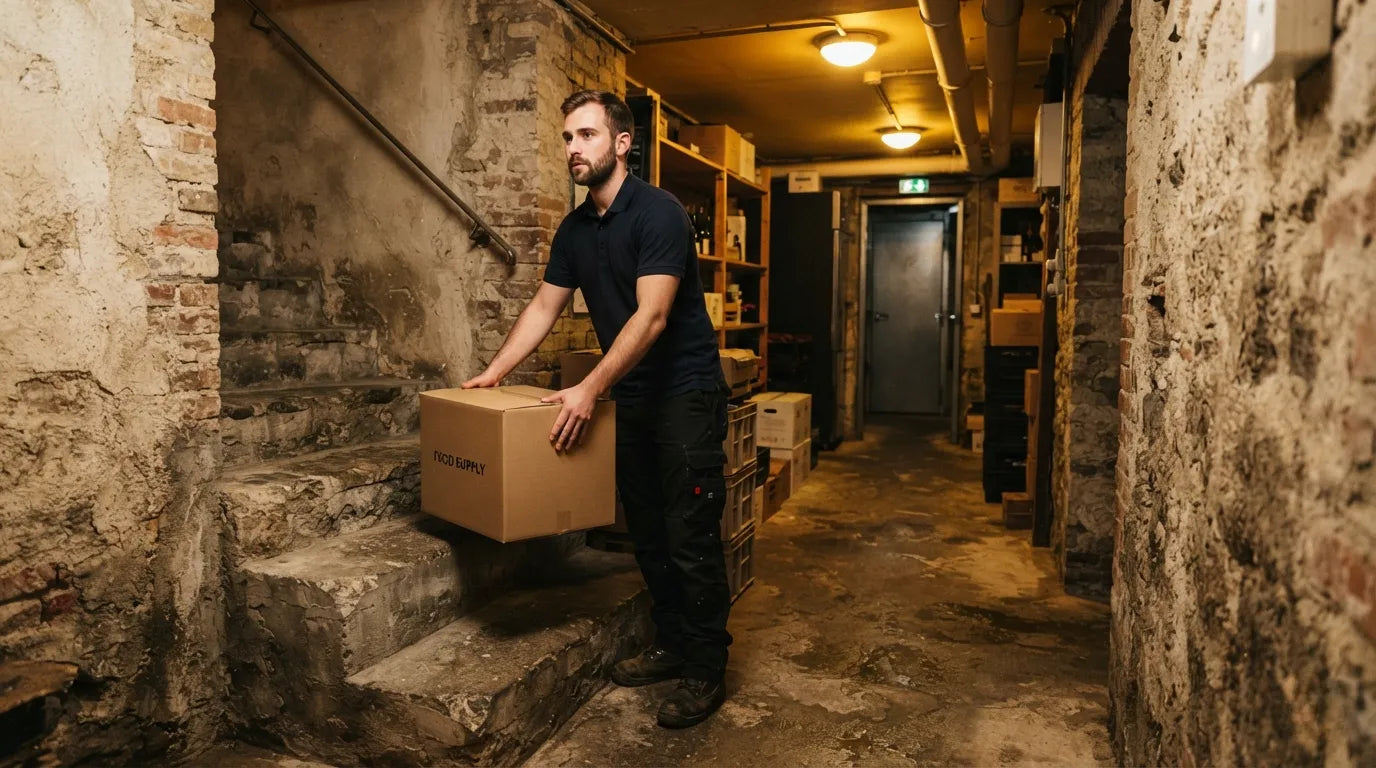 Livreur avec une caisse d'approvisionnement alimentaire au pied d'un escalier de cave de restaurant Image