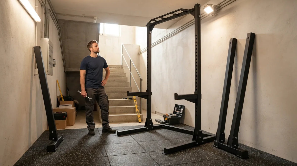 Rack de musculation démonté au bas d'un escalier avant installation dans une salle de sport Image