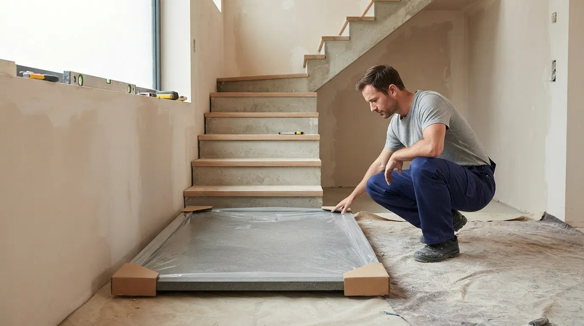 Receveur de douche extra-plat en pierre reconstituée au bas d'un escalier avant sa montée à l'étage Image