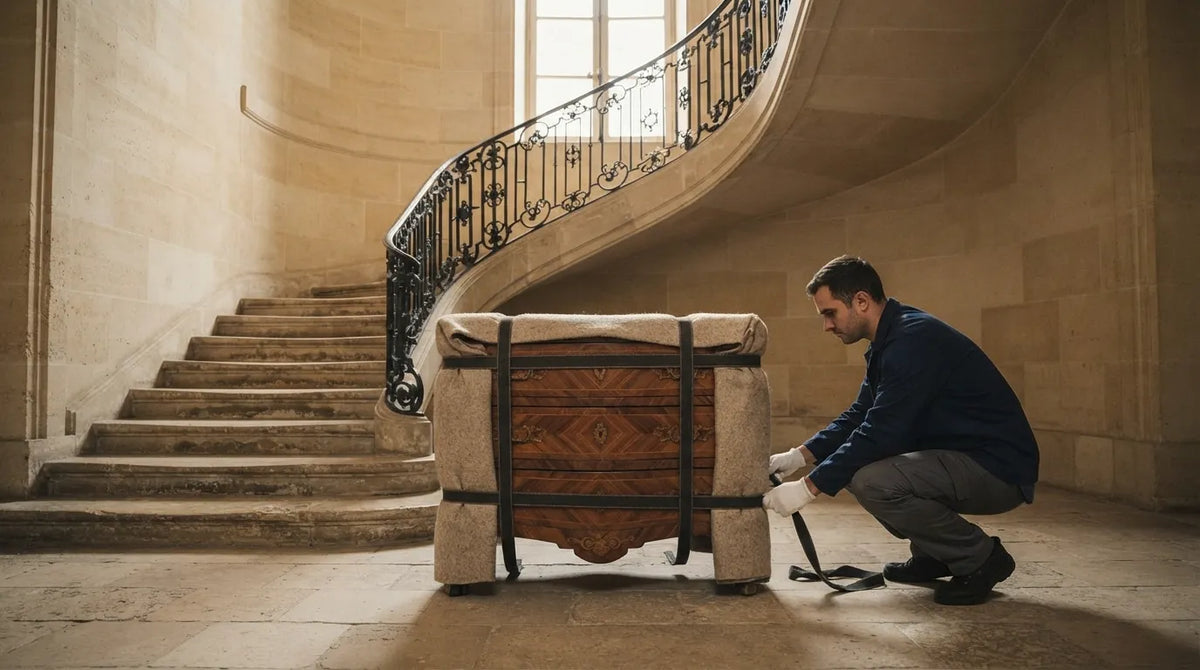 Commode ancienne protégée et sanglée au bas d'un escalier en pierre d'hôtel particulier