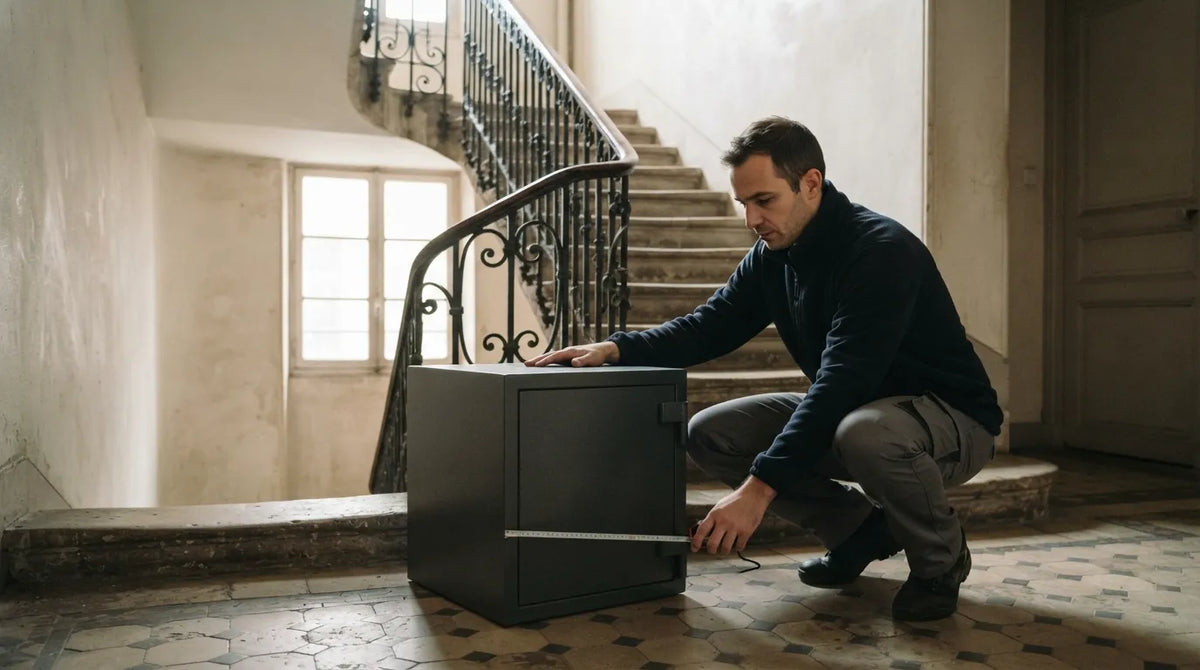 Installateur mesurant l'accès d'un escalier avant de monter un coffre-fort professionnel Image
