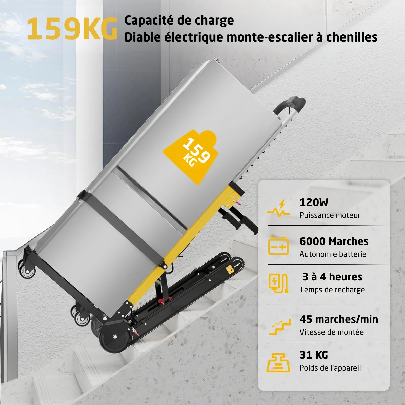 Infographie du diable électrique monte-escalier à chenilles 159 kg avec puissance moteur 120W, autonomie 6000 marches et vitesse 45 marches par minute