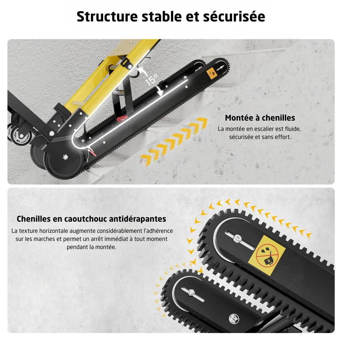 Gros plan sur les chenilles en caoutchouc antidérapantes du diable électrique monte-escalier à 15 degrés d'inclinaison